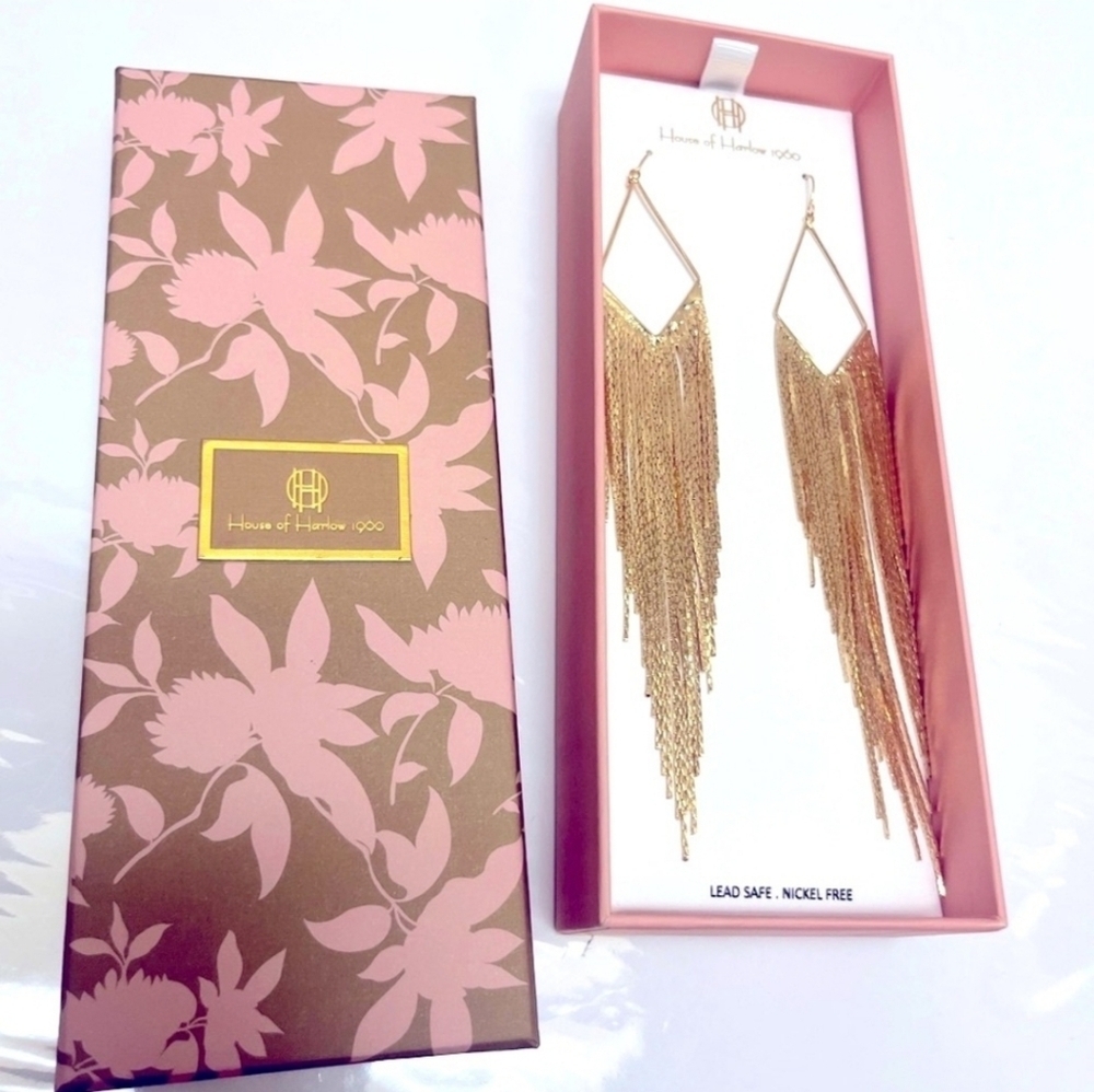 💛▪️ House of Harlow▪️ 1960 Gold Fringe chain waterfall liquid gold earrings